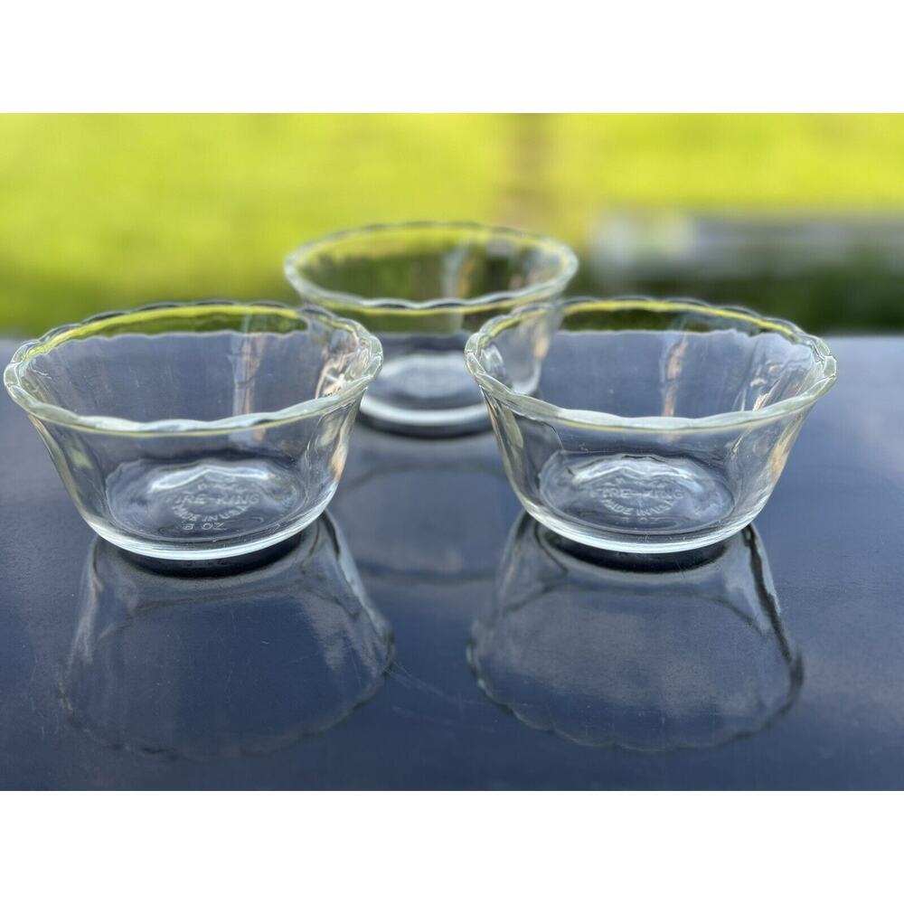 3 Fire King #424 Custard Cups Clear Glass Scalloped‎ Edge 6 oz ramekin